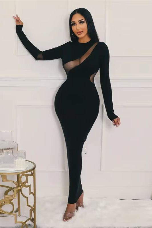 Long Sleeve Cutout Mesh Bodycon Maxi Dress