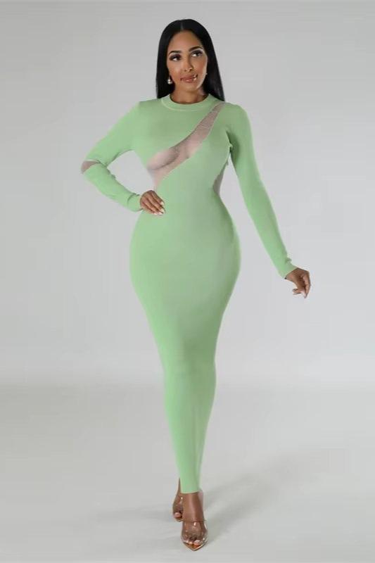 Long Sleeve Cutout Mesh Bodycon Maxi Dress