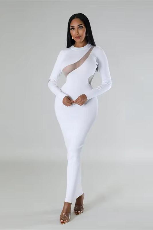 Long Sleeve Cutout Mesh Bodycon Maxi Dress