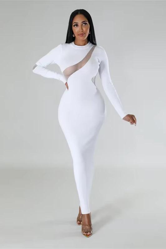 Long Sleeve Cutout Mesh Bodycon Maxi Dress