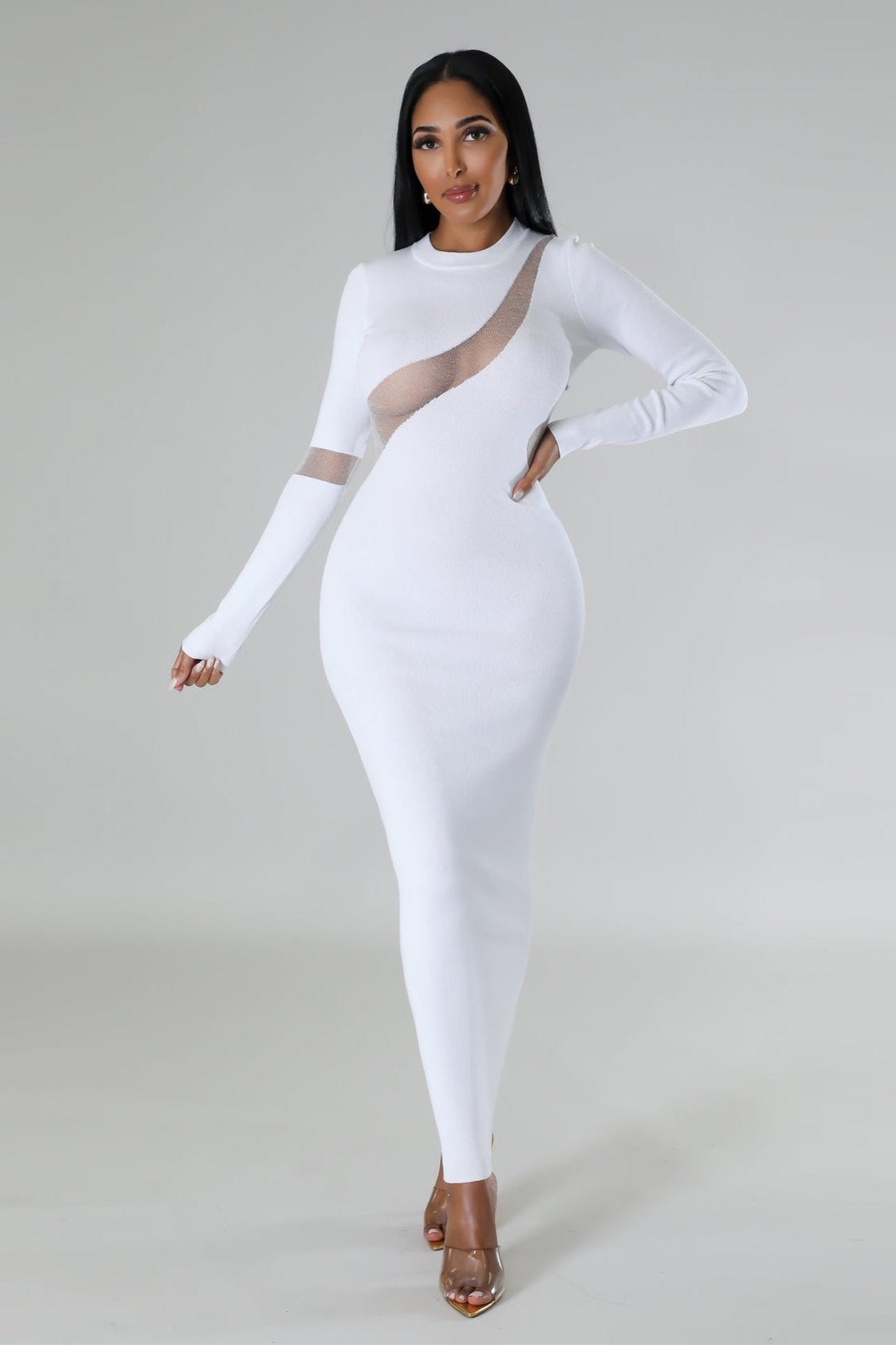 Long Sleeve Cutout Mesh Bodycon Maxi Dress