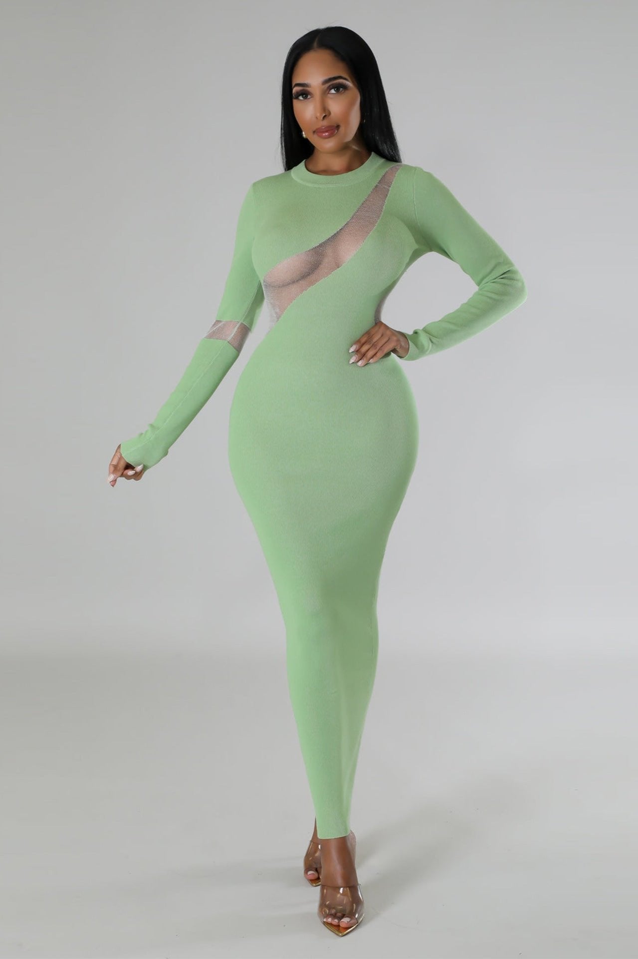 Long Sleeve Cutout Mesh Bodycon Maxi Dress