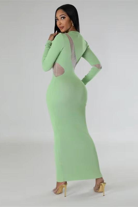 Long Sleeve Cutout Mesh Bodycon Maxi Dress