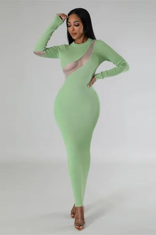 Long Sleeve Cutout Mesh Bodycon Maxi Dress