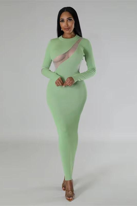 Long Sleeve Cutout Mesh Bodycon Maxi Dress