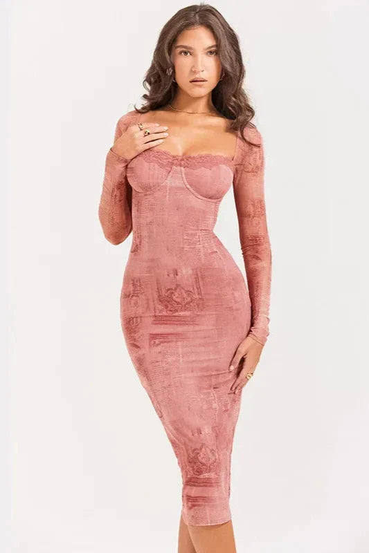 Long Sleeve Sweetheart Bodycon Midi Dress