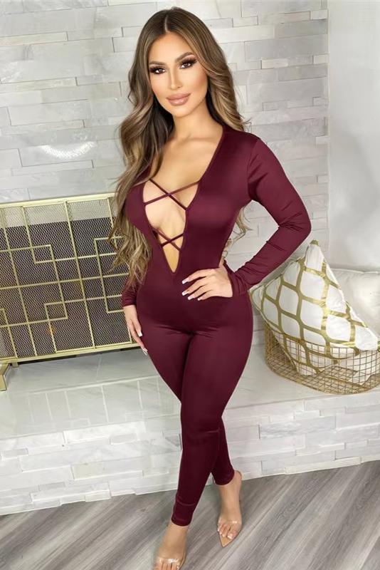  Long Sleeve Cut Out Back Plunging Jumpsuit