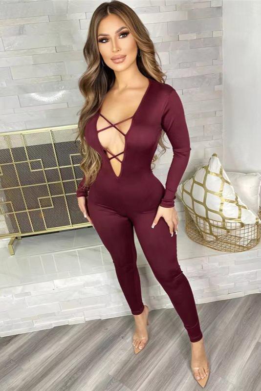  Long Sleeve Cut Out Back Plunging Jumpsuit