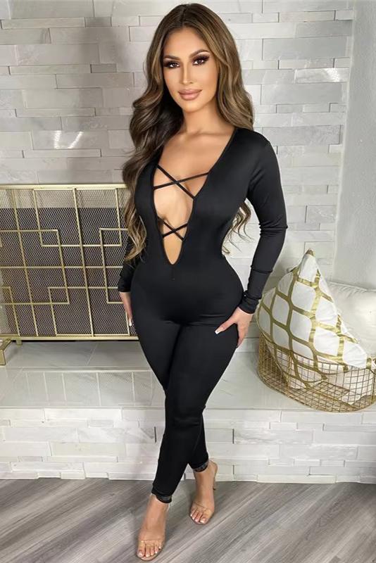  Long Sleeve Cut Out Back Plunging Jumpsuit