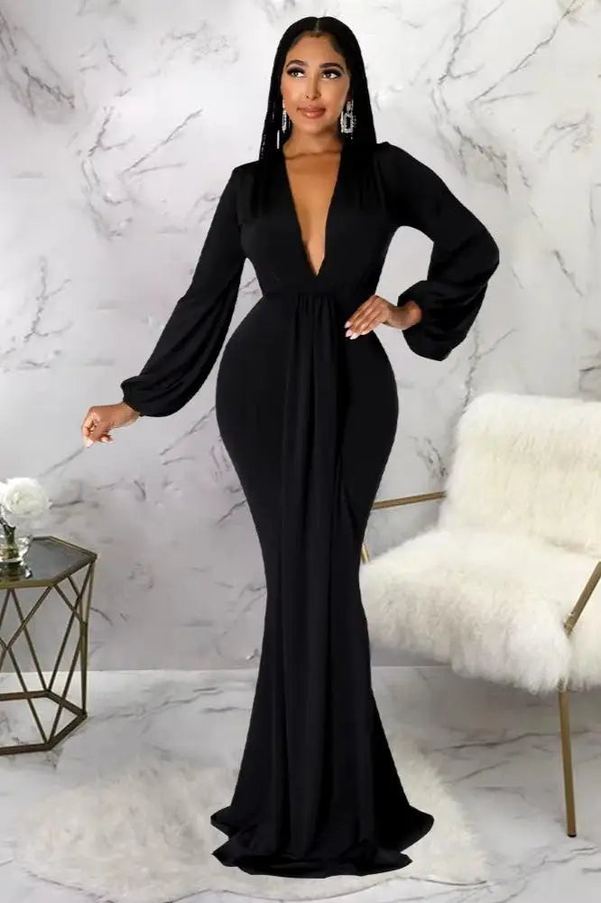 Long Sleeve Plunging Maxi Dress, Long Mermaid Silhouette Dress