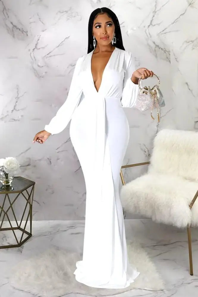 Long Sleeve Plunging Maxi Dress, Long Mermaid Silhouette Dress