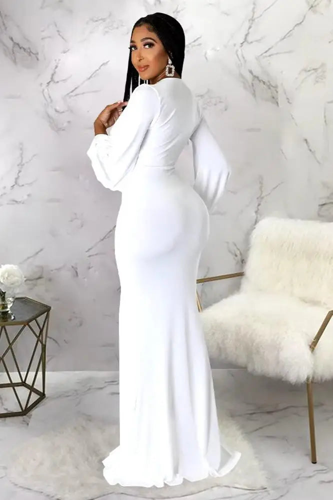 Long Sleeve Plunging Maxi Dress, Long Mermaid Silhouette Dress