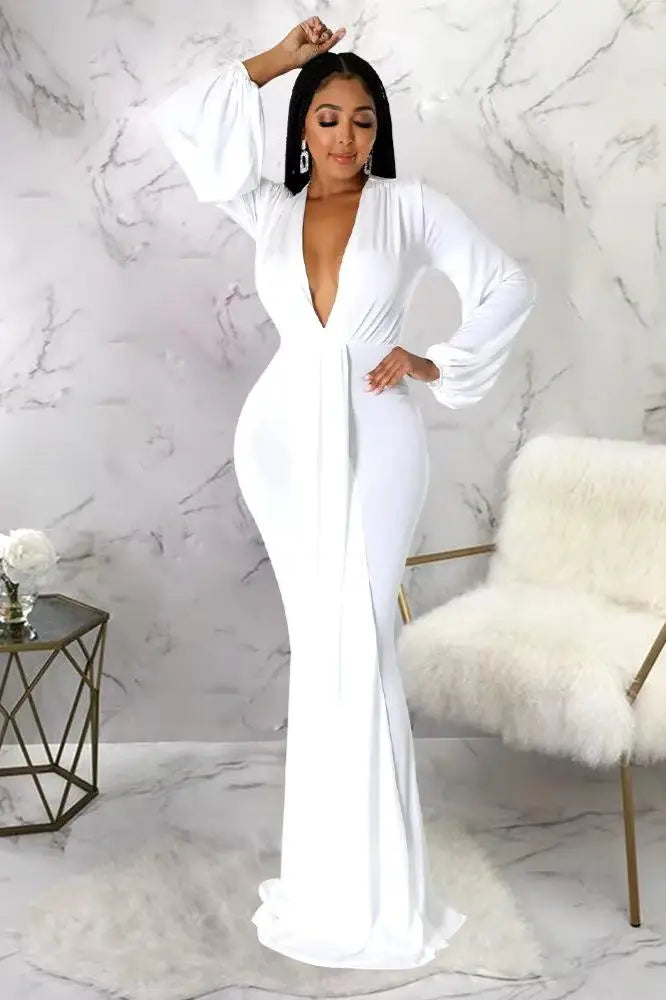 Long Sleeve Plunging Maxi Dress, Long Mermaid Silhouette Dress