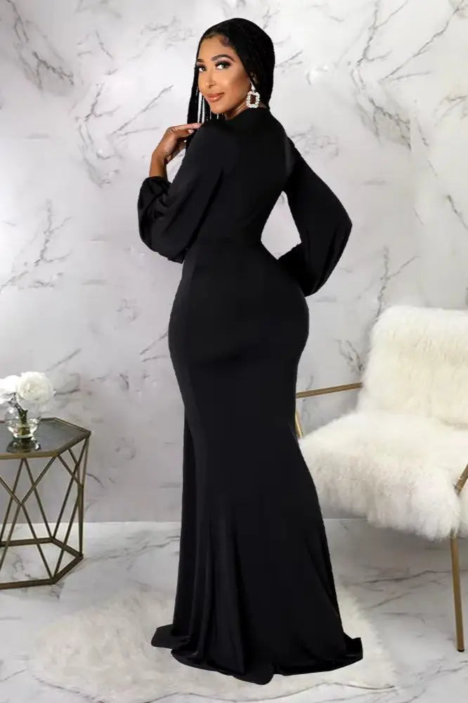 Long Sleeve Plunging Maxi Dress, Long Mermaid Silhouette Dress