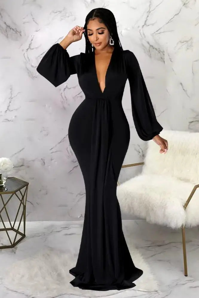 Long Sleeve Plunging Maxi Dress, Long Mermaid Silhouette Dress