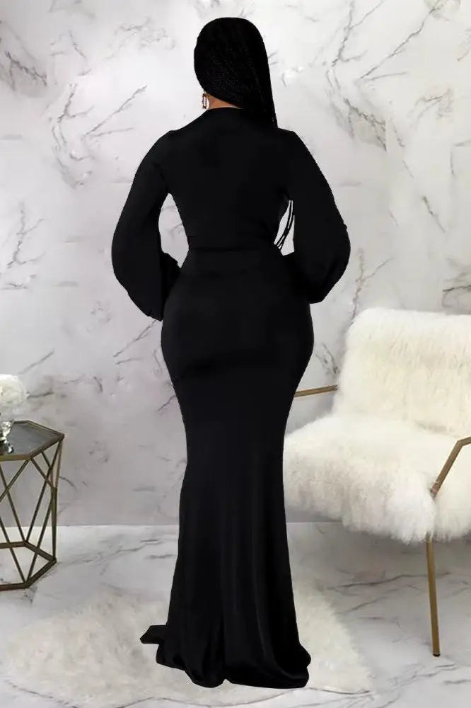 Long Sleeve Plunging Maxi Dress, Long Mermaid Silhouette Dress