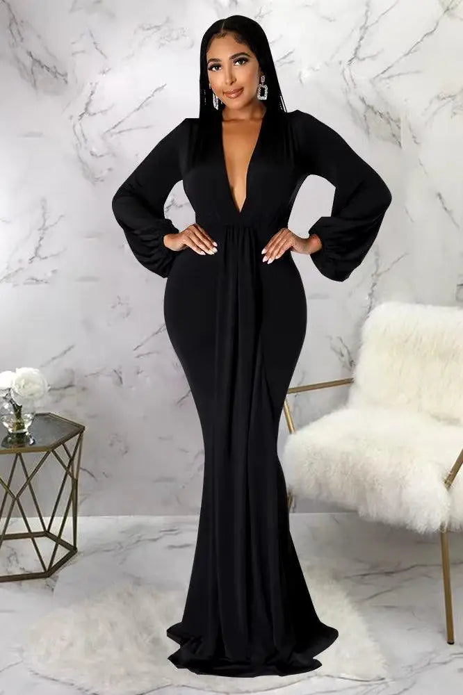 Long Sleeve Plunging Maxi Dress, Long Mermaid Silhouette Dress