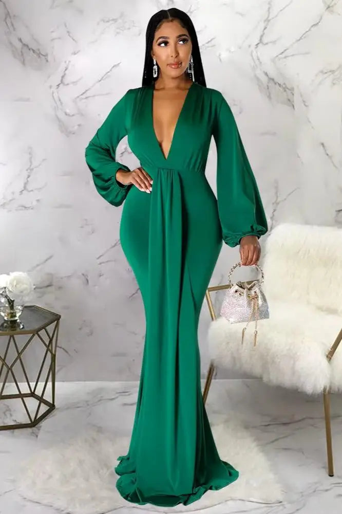 Long Sleeve Plunging Maxi Dress, Long Mermaid Silhouette Dress