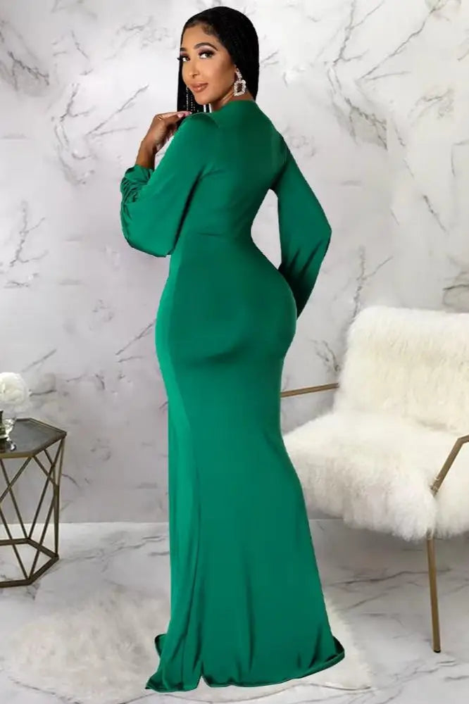 Long Sleeve Plunging Maxi Dress, Long Mermaid Silhouette Dress