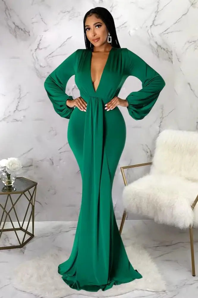 Long Sleeve Plunging Maxi Dress, Long Mermaid Silhouette Dress