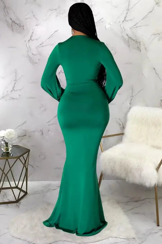 Long Sleeve Plunging Maxi Dress, Long Mermaid Silhouette Dress