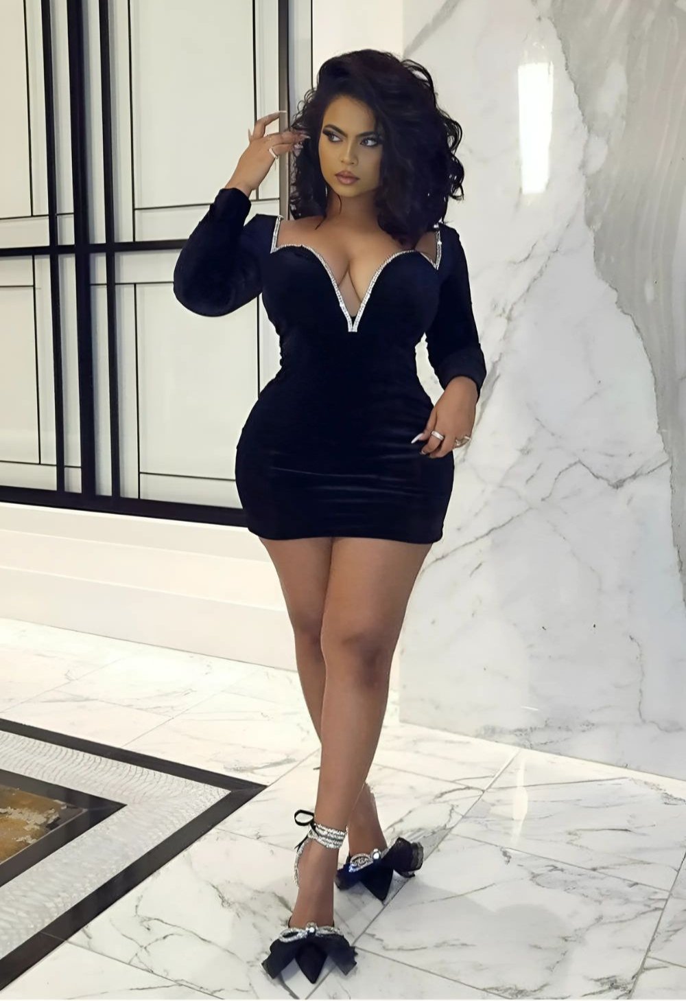 Long Sleeve Plunging Rhinestone Trim Velvet Mini Dress