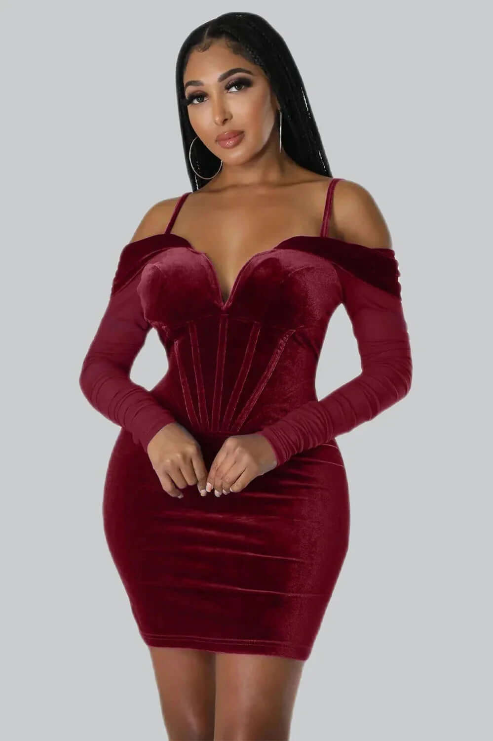 Long Sleeve Velvet Off Shoulder Bodycon Mini Dress