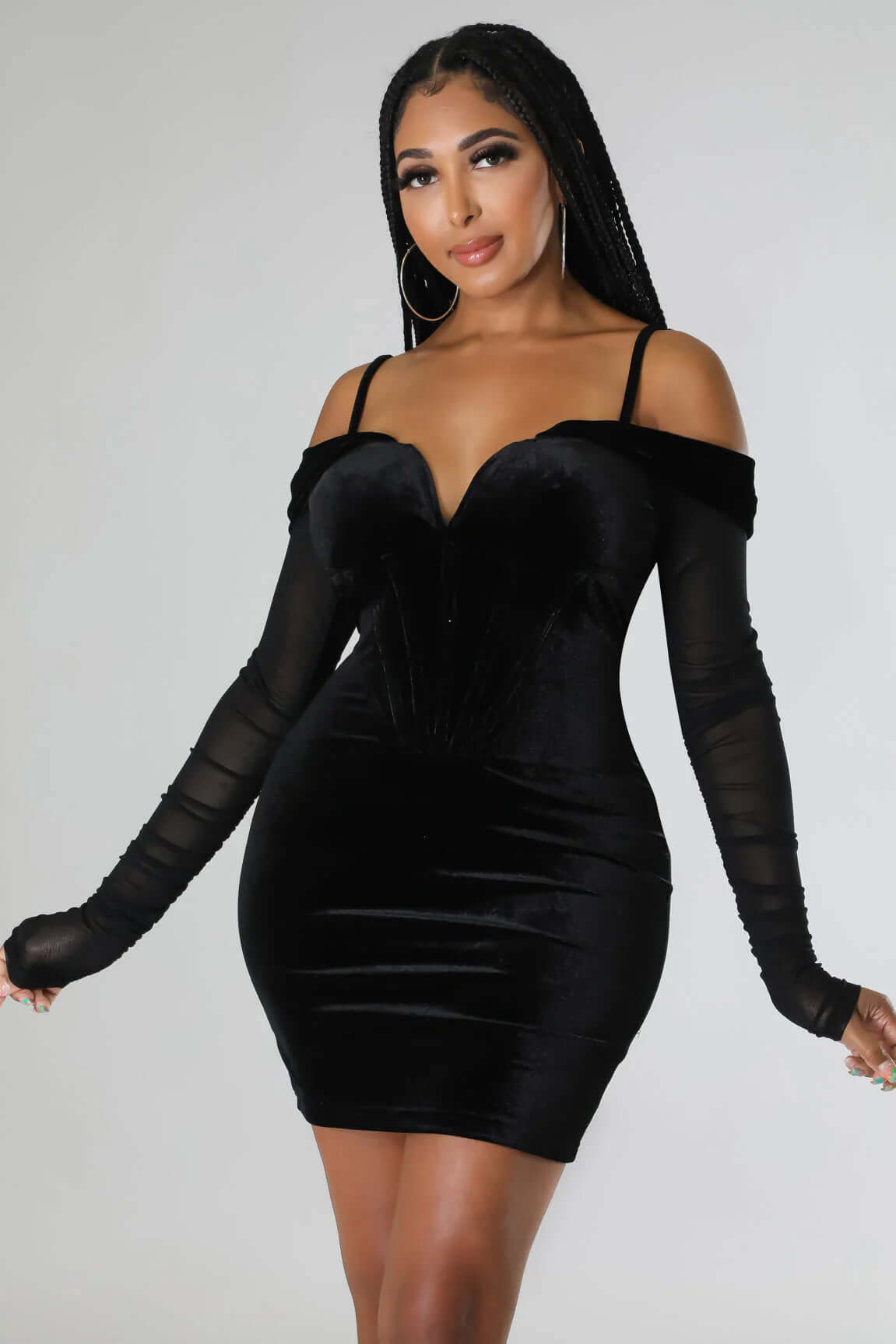 Long Sleeve Velvet Off Shoulder Bodycon Mini Dress