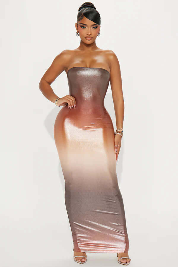 Metallic Gradient Sleevless Bodycon Maxi Dress