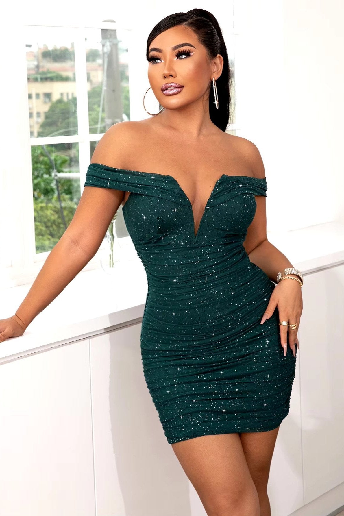 Off Shoulder Deep V Sparkly Mini Dress, Ruched Bodycon Cocktail Dress