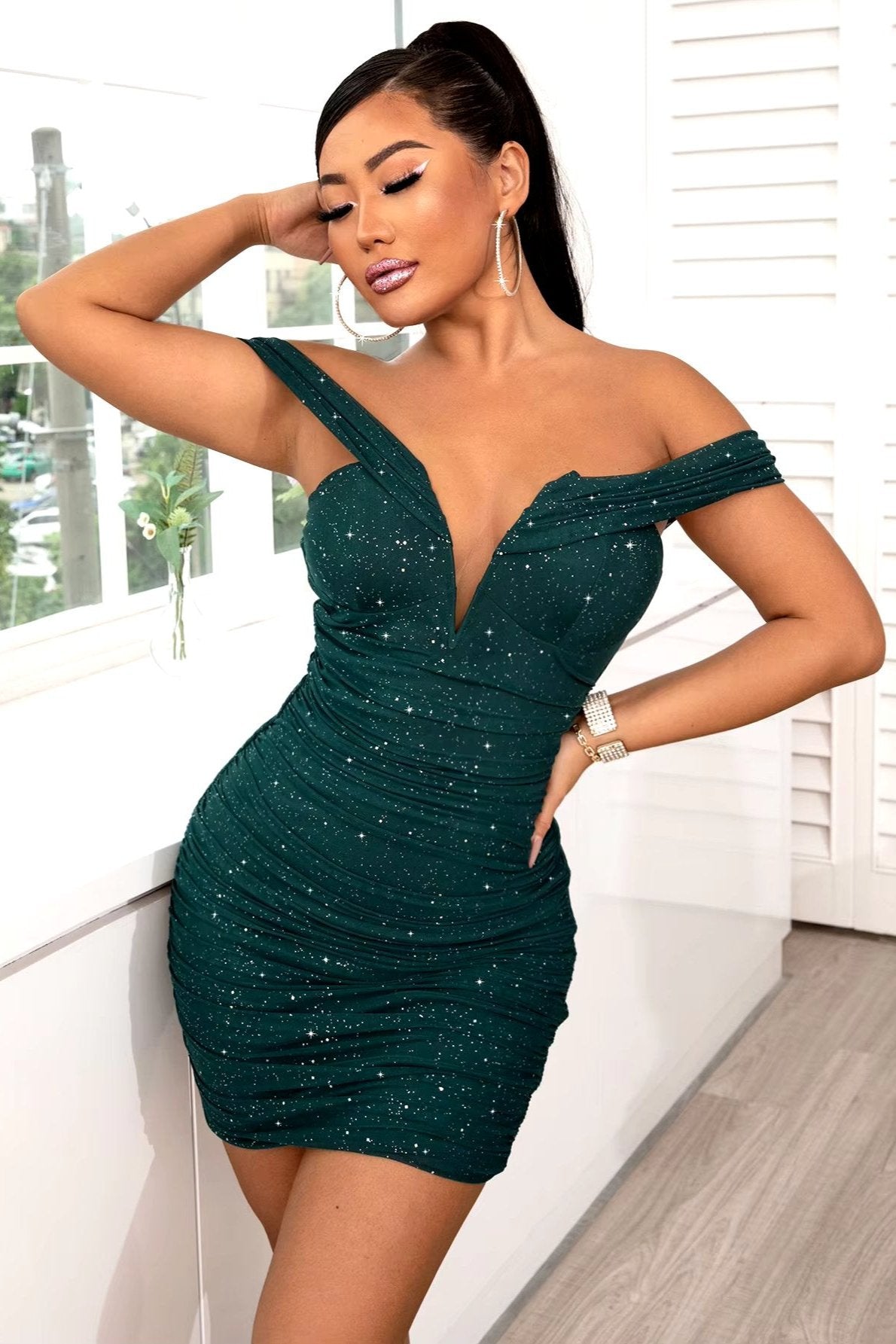 Off Shoulder Deep V Sparkly Mini Dress, Ruched Bodycon Cocktail Dress