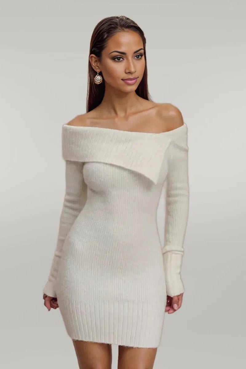 Long Sleeve Asymmetrical Off Shoulder Knitted Mini Sweater Dress