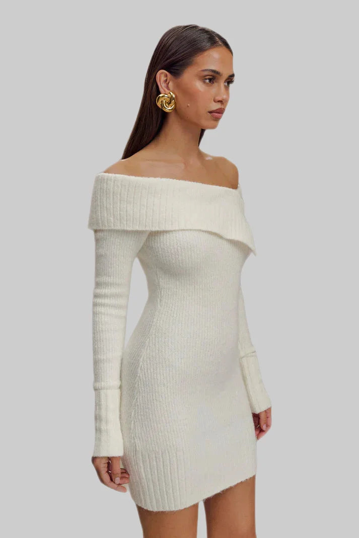 Long Sleeve Asymmetrical Off Shoulder Knitted Mini Sweater Dress