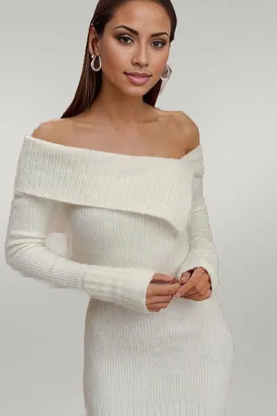 Long Sleeve Asymmetrical Off Shoulder Knitted Mini Sweater Dress