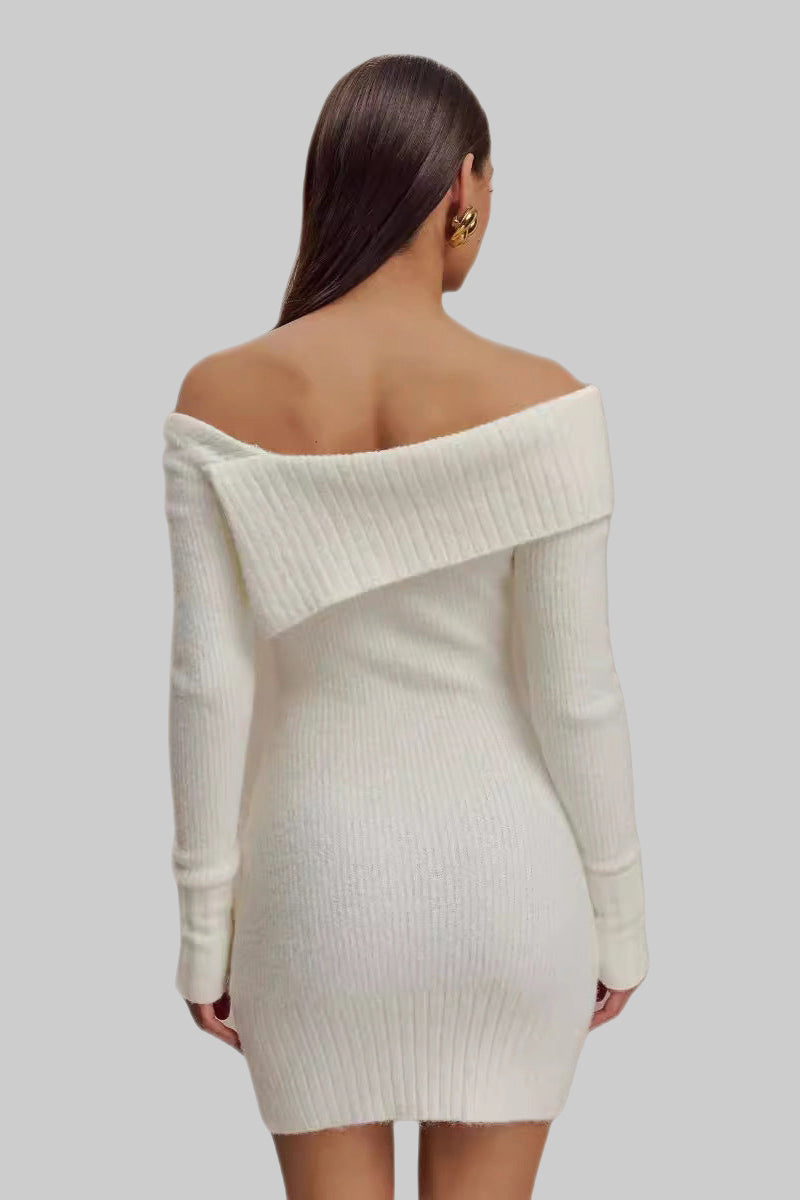 Long Sleeve Asymmetrical Off Shoulder Knitted Mini Sweater Dress