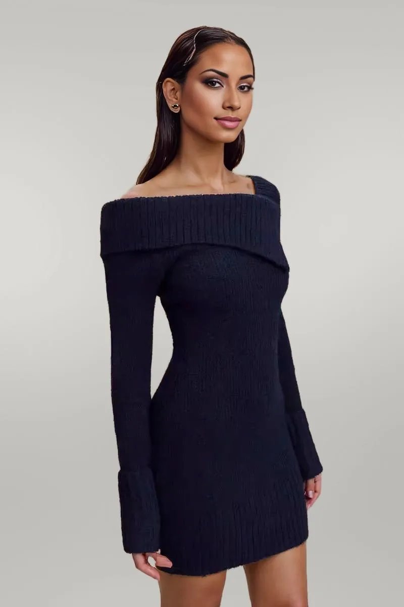 Long Sleeve Asymmetrical Off Shoulder Knitted Mini Sweater Dress