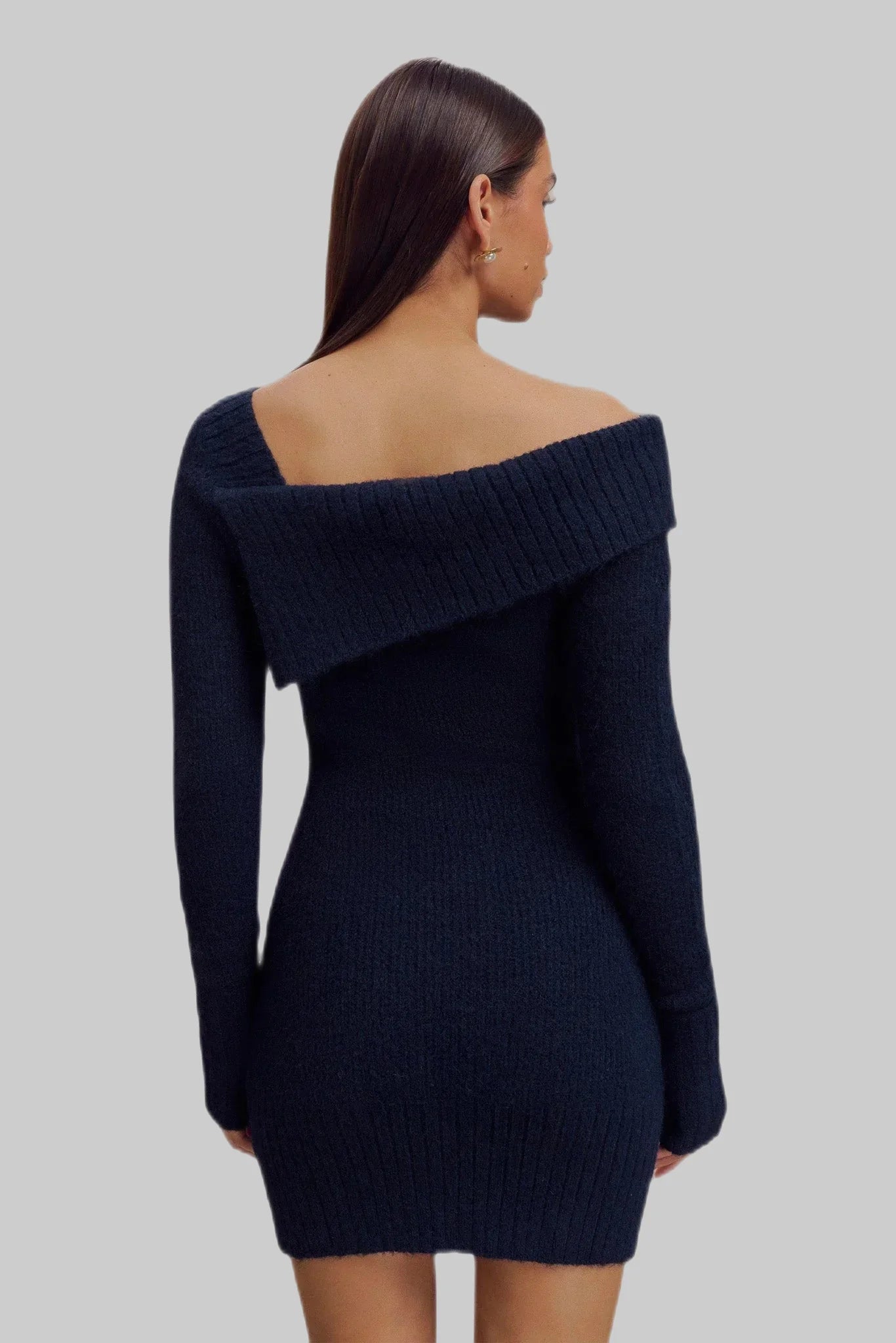 Long Sleeve Asymmetrical Off Shoulder Knitted Mini Sweater Dress