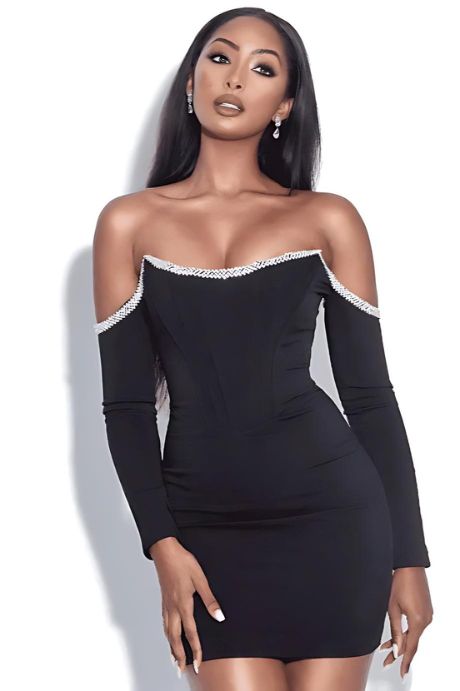 Long Sleeve Off-Shoulder Rhinestone Bodycon Mini Dress