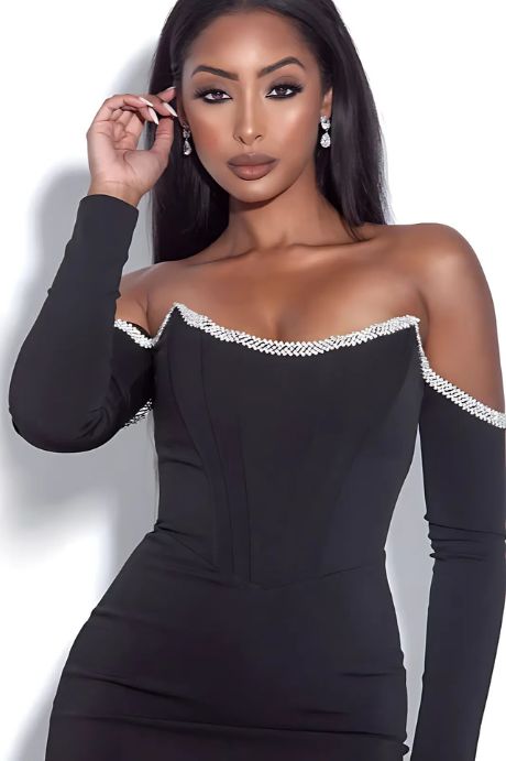 Long Sleeve Off-Shoulder Rhinestone Bodycon Mini Dress