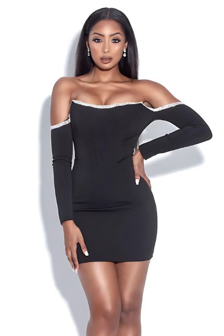 Long Sleeve Off-Shoulder Rhinestone Bodycon Mini Dress