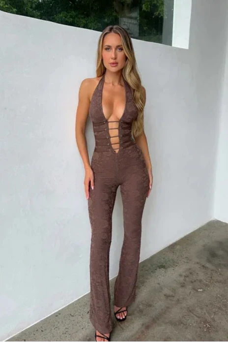 Sleeveless Lace Plunge Strap Waist  Jumpsuit