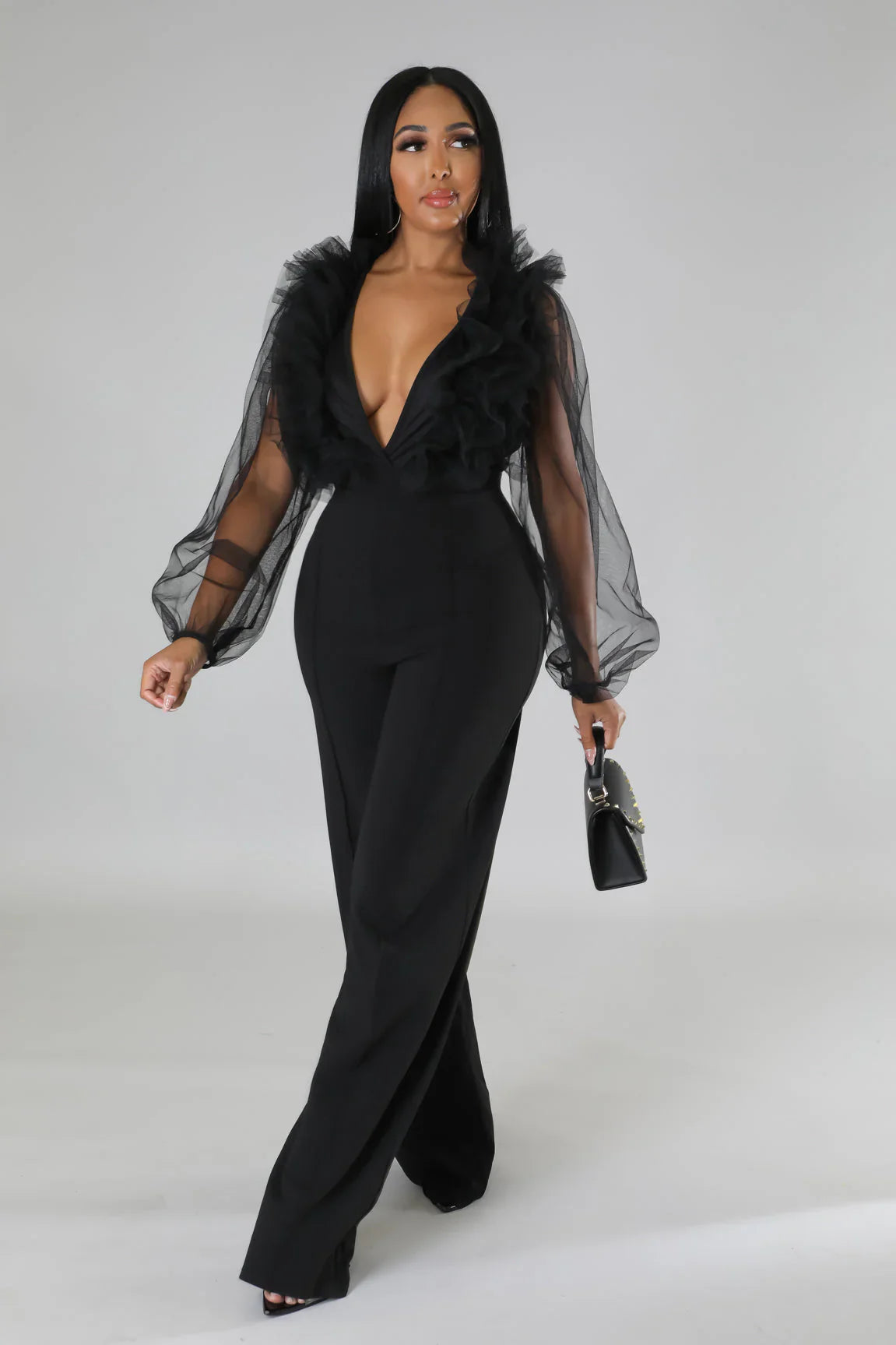 Sheer Sleeves & Back Plunging Ruffles Wide Leg Jumpsuit