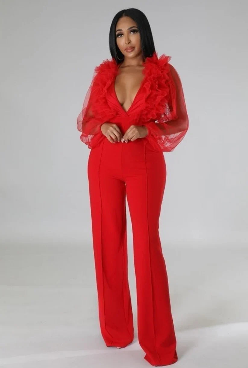 Sheer Sleeves & Back Plunging Ruffles Wide Leg Jumpsuit