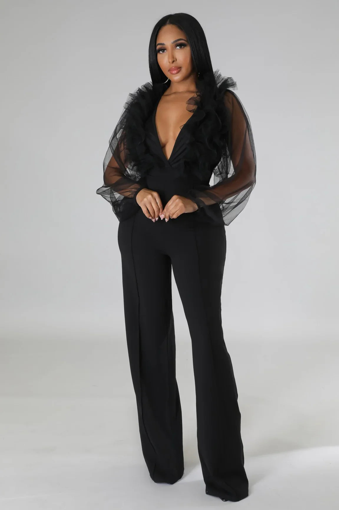 Sheer Sleeves & Back Plunging Ruffles Wide Leg Jumpsuit