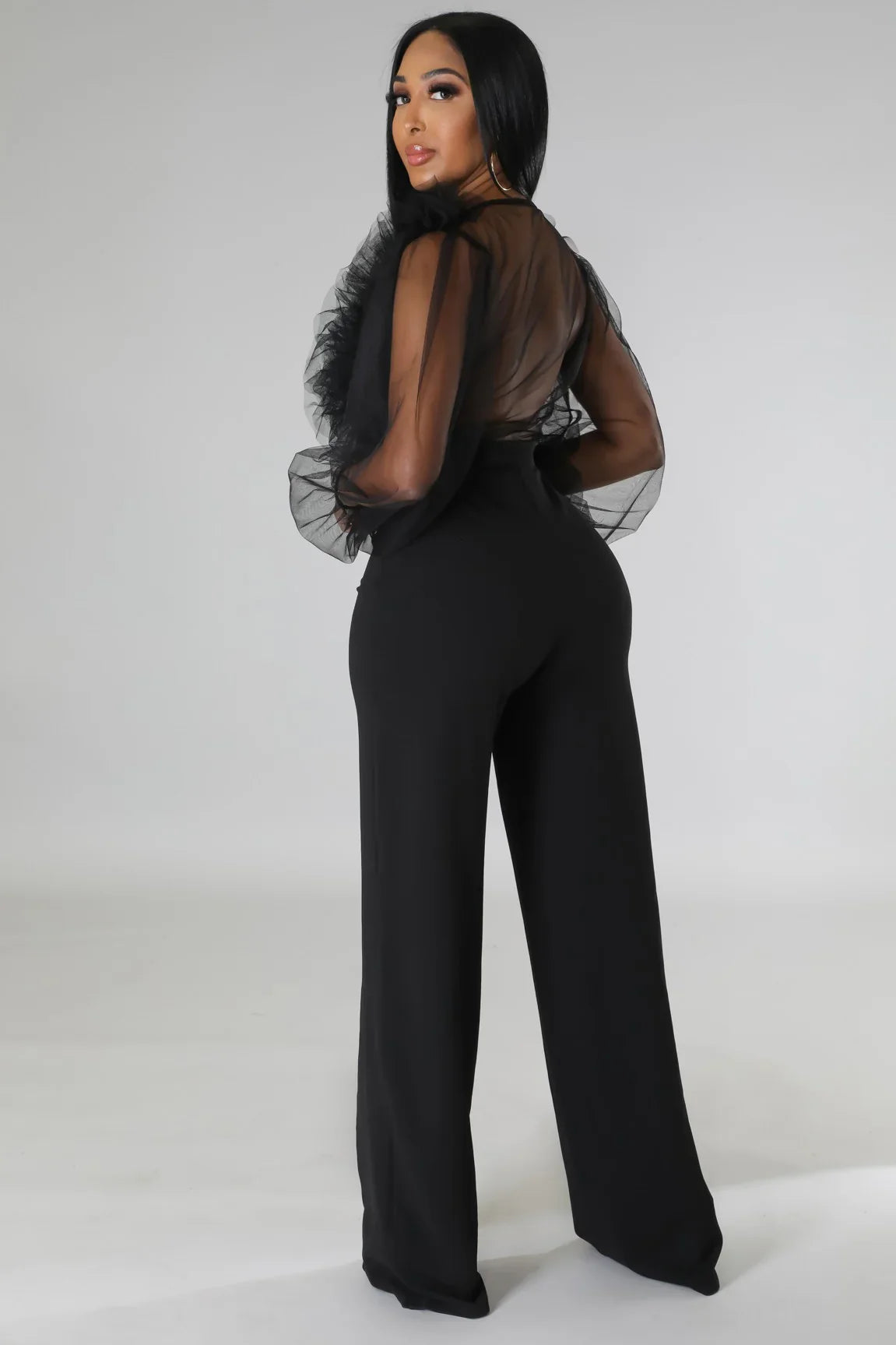 Sheer Sleeves & Back Plunging Ruffles Wide Leg Jumpsuit