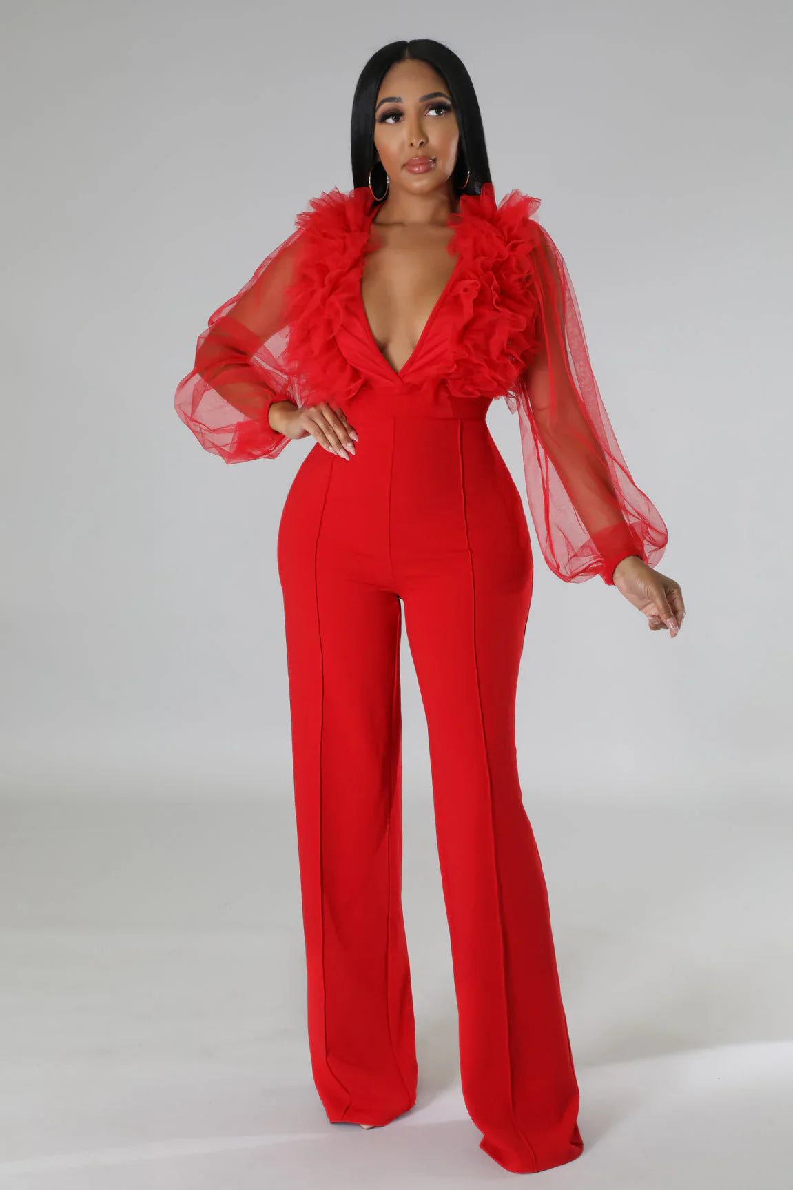 Sheer Sleeves & Back Plunging Ruffles Wide Leg Jumpsuit