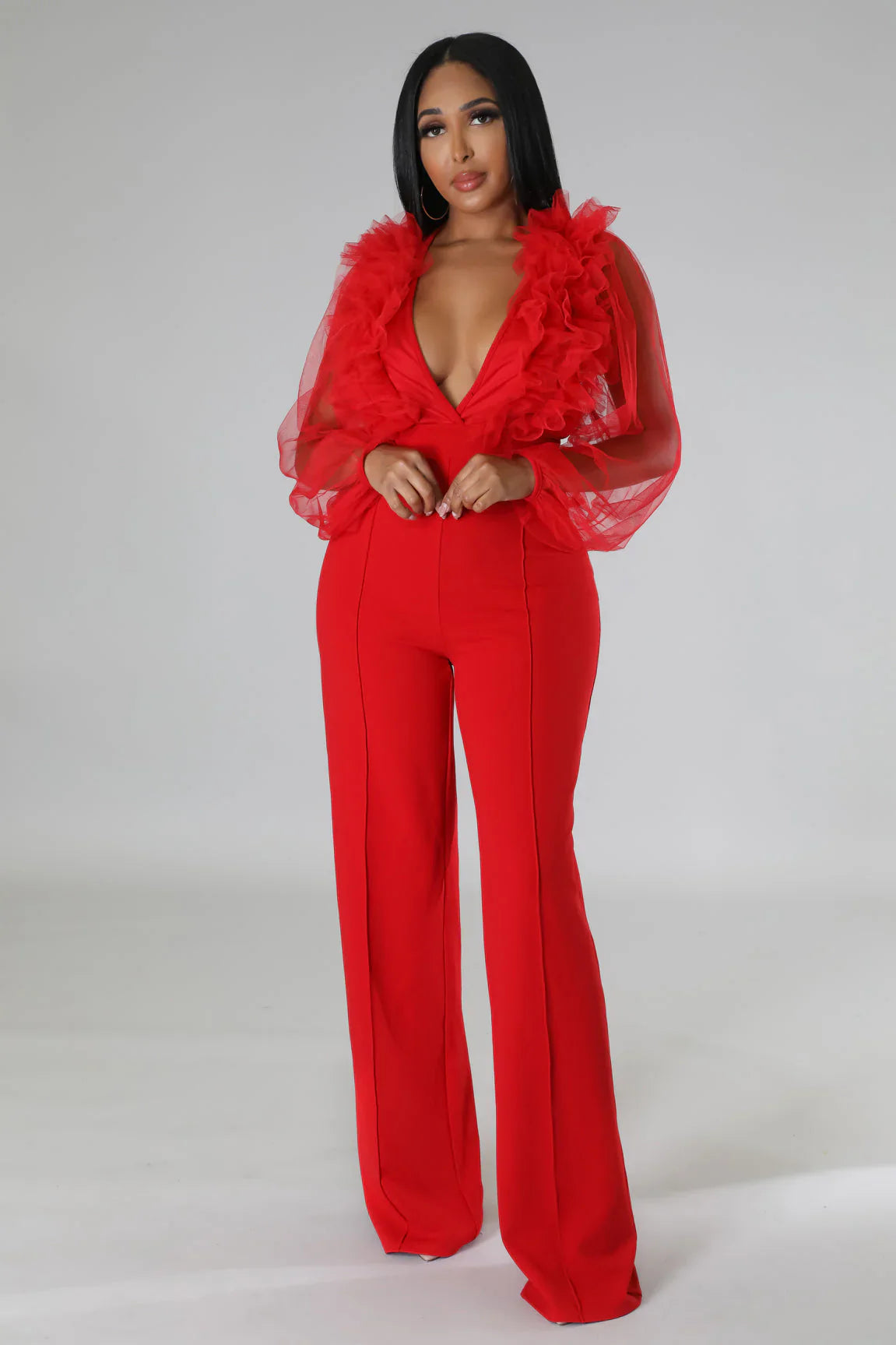 Sheer Sleeves & Back Plunging Ruffles Wide Leg Jumpsuit