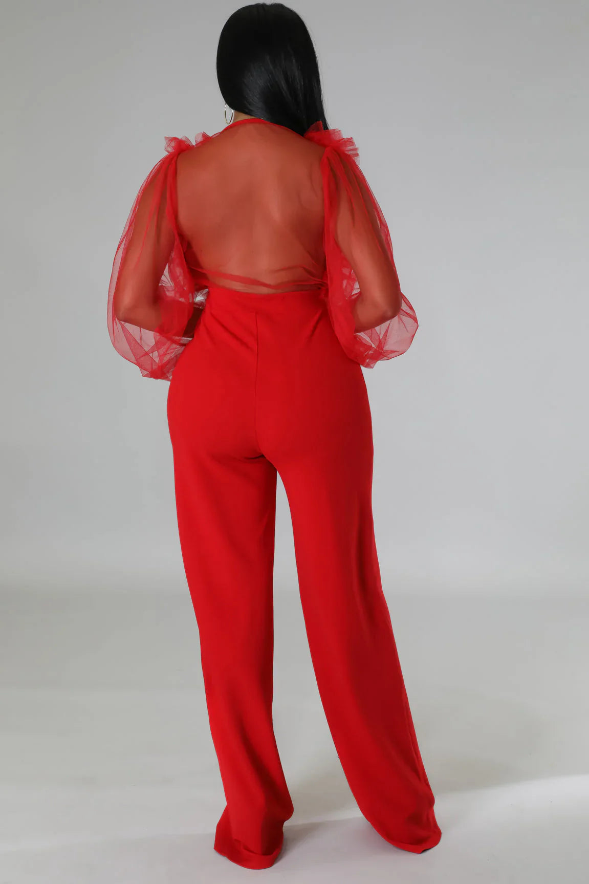 Sheer Sleeves & Back Plunging Ruffles Wide Leg Jumpsuit