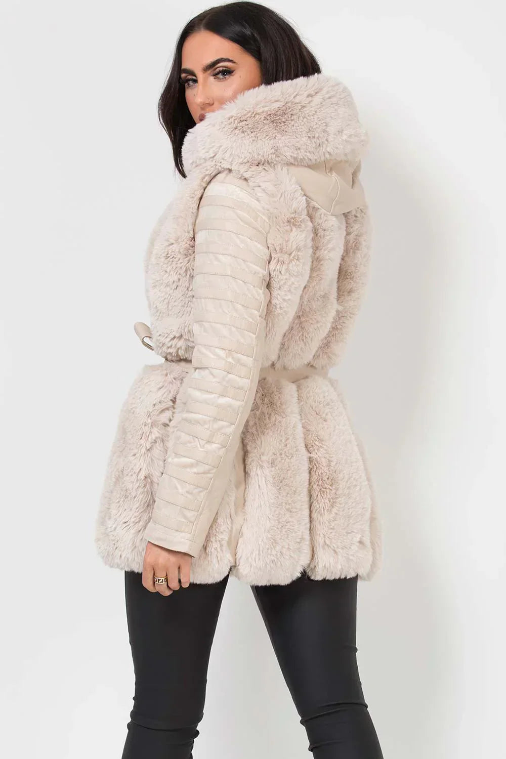 Plush Faux Fur Panel Vegan Leather Coat with Belted Waist