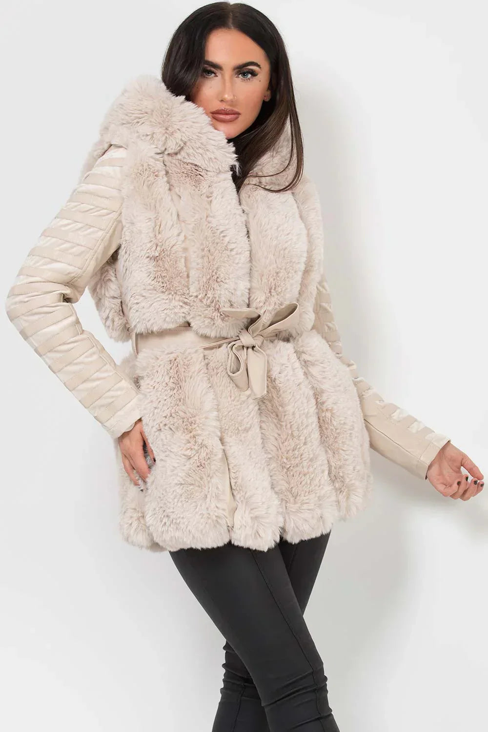 Luxury Faux Fur Panel Leather Coat with Belted Waist